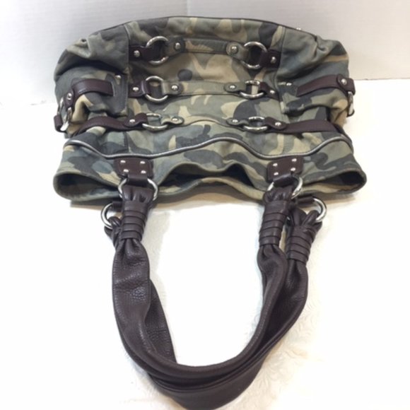 B Makowsky Kimberly Camo Green Brown Leather Shoulder Bag Hobo Large - Picture 4 of 16